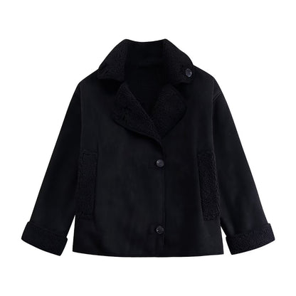 Soft Plush Casual Jacket V Neck Loose Fit Autumn Winter Coat