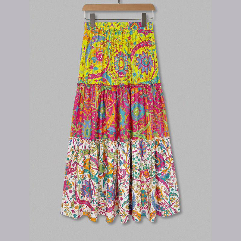Womens Plus Patchwork Floral Print Drawstring Waist Maxi Skirt