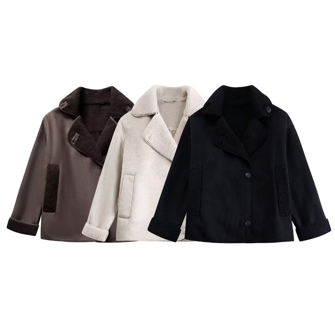 Soft Plush Casual Jacket V Neck Loose Fit Autumn Winter Coat