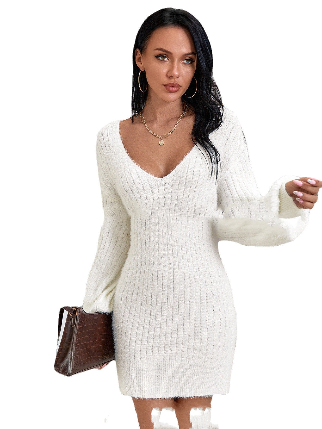Chic V Neck Sweater Mini Dress