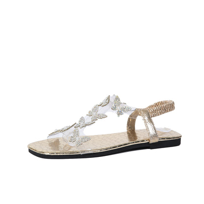 Womens Elegant Rhinestone Butterfly Flat Sandals