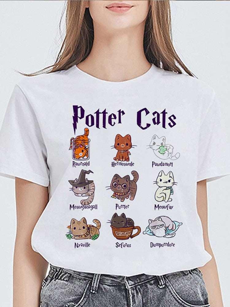 Kawaii Cat Print Student T-shirts - Cute Graphic Tee for Women's Summer Streetwear