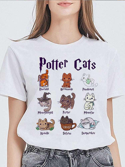 Kawaii Cat Print Student T-shirts - Cute Graphic Tee for Women's Summer Streetwear