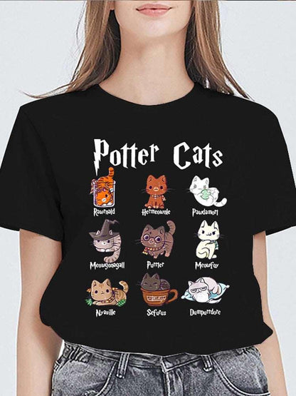 Kawaii Cat Print Student T-shirts - Cute Graphic Tee for Women's Summer Streetwear