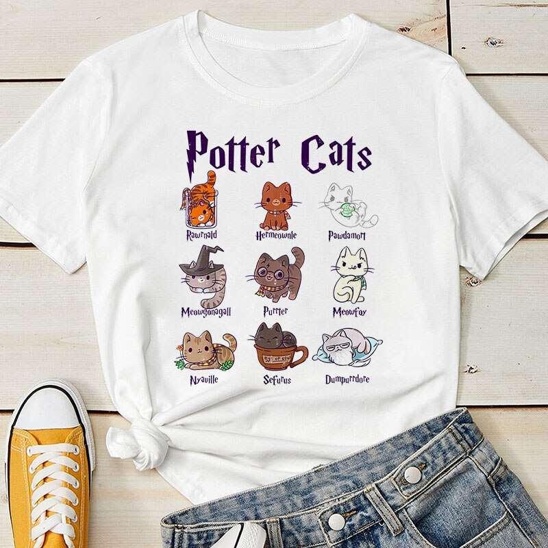 Kawaii Cat Print Student T-shirts - Cute Graphic Tee for Women's Summer Streetwear