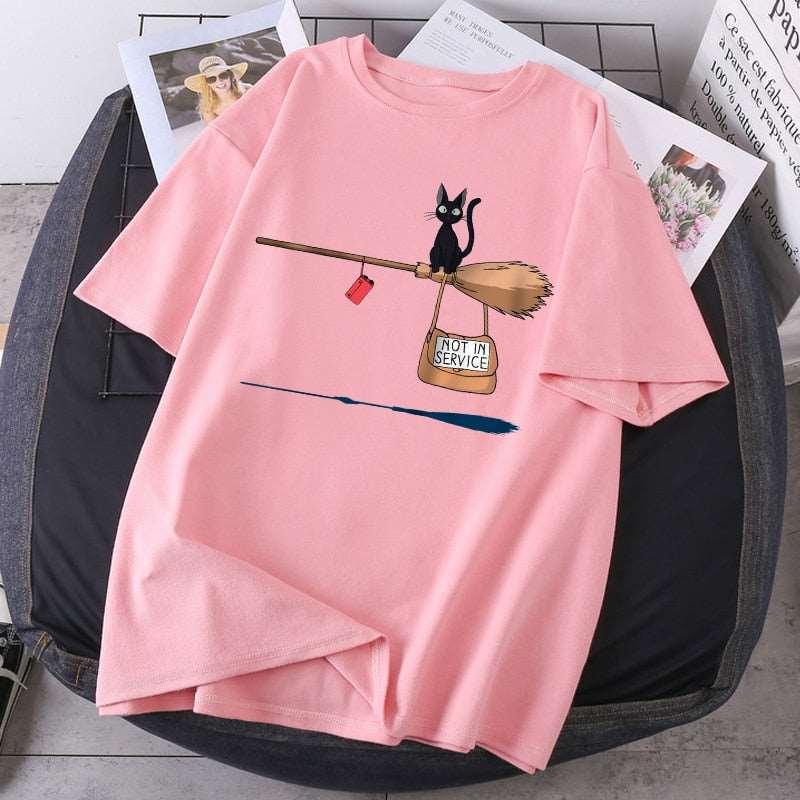Magic Broom Cat Harajuku T-Shirt for Women