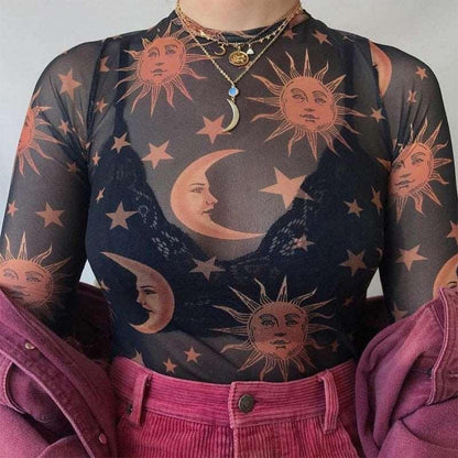 Sun Moon Printed Mesh T-Shirt for Women