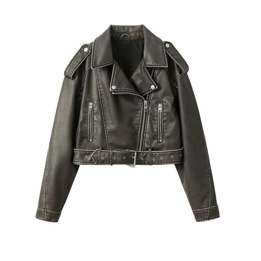 Women's Coal Gray Washed Leather Jacket with Belt - itsshirty