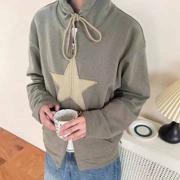 Hip Hop Zip Up Hoodie Vintage Star Patch - itsshirty